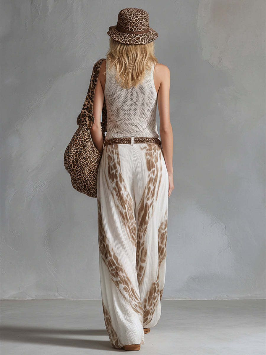 Tie Dye Print and Pleated Design Wide Leg Pants