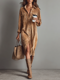 Corduroy Shirt Dress with Side Slit and Button-Down Front for Women