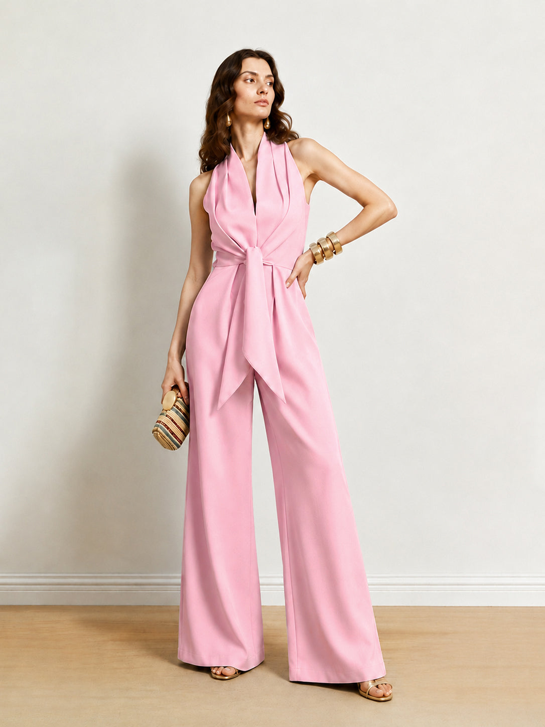 Tie Waist V Neck Jumpsuit