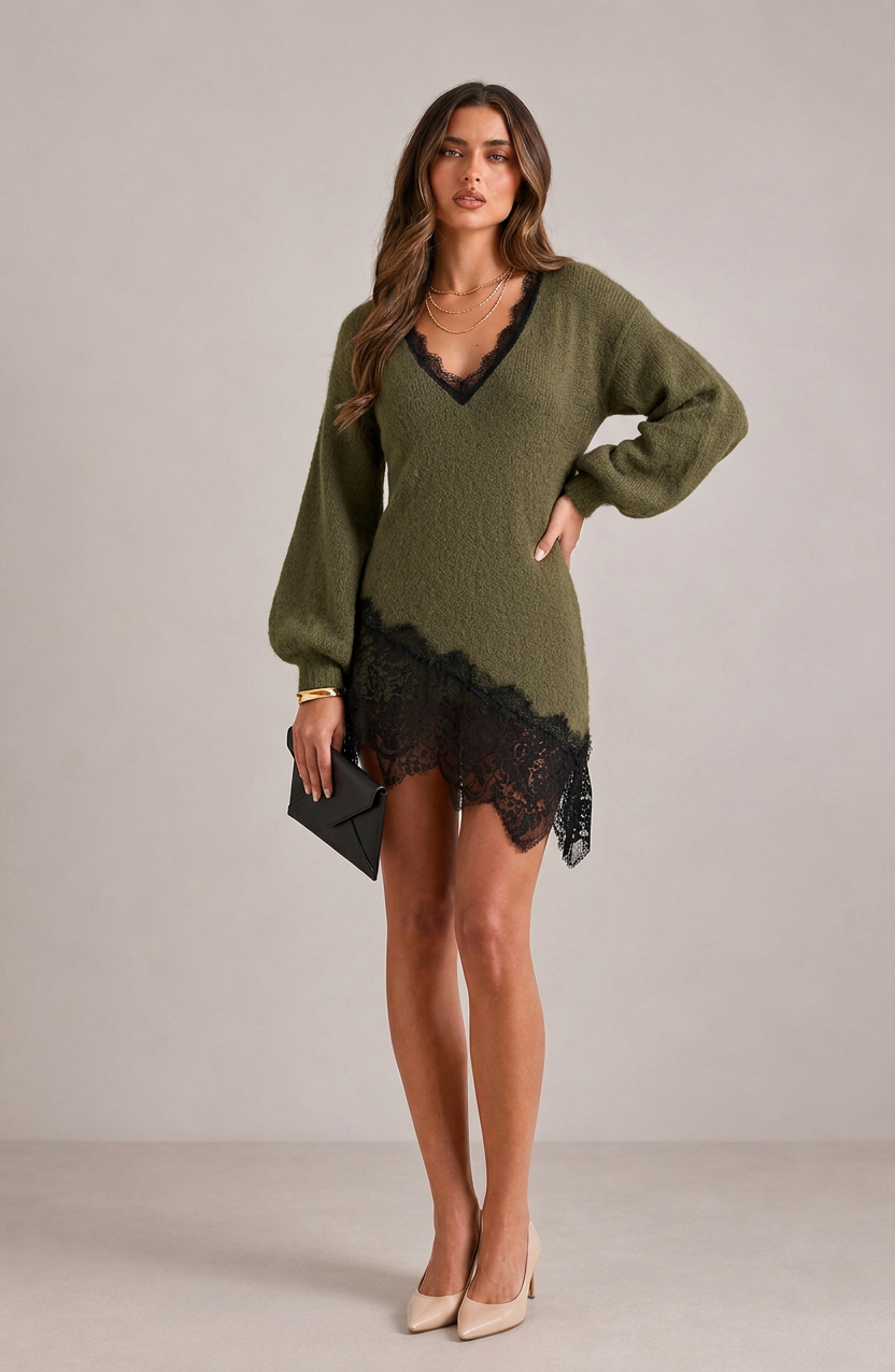 Elegant Lace Patchwork Mini Knit Dress