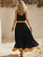 Black Chiffon Halter Neck Loose Yellow Fitted Waist Sleeveless Maxi Dress