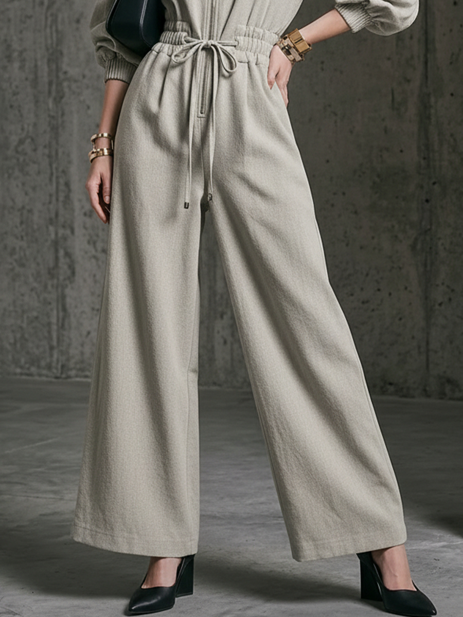 Cotton Blend Wide Leg Jumpsuit with Deep V-Neck and Drawstring Waist