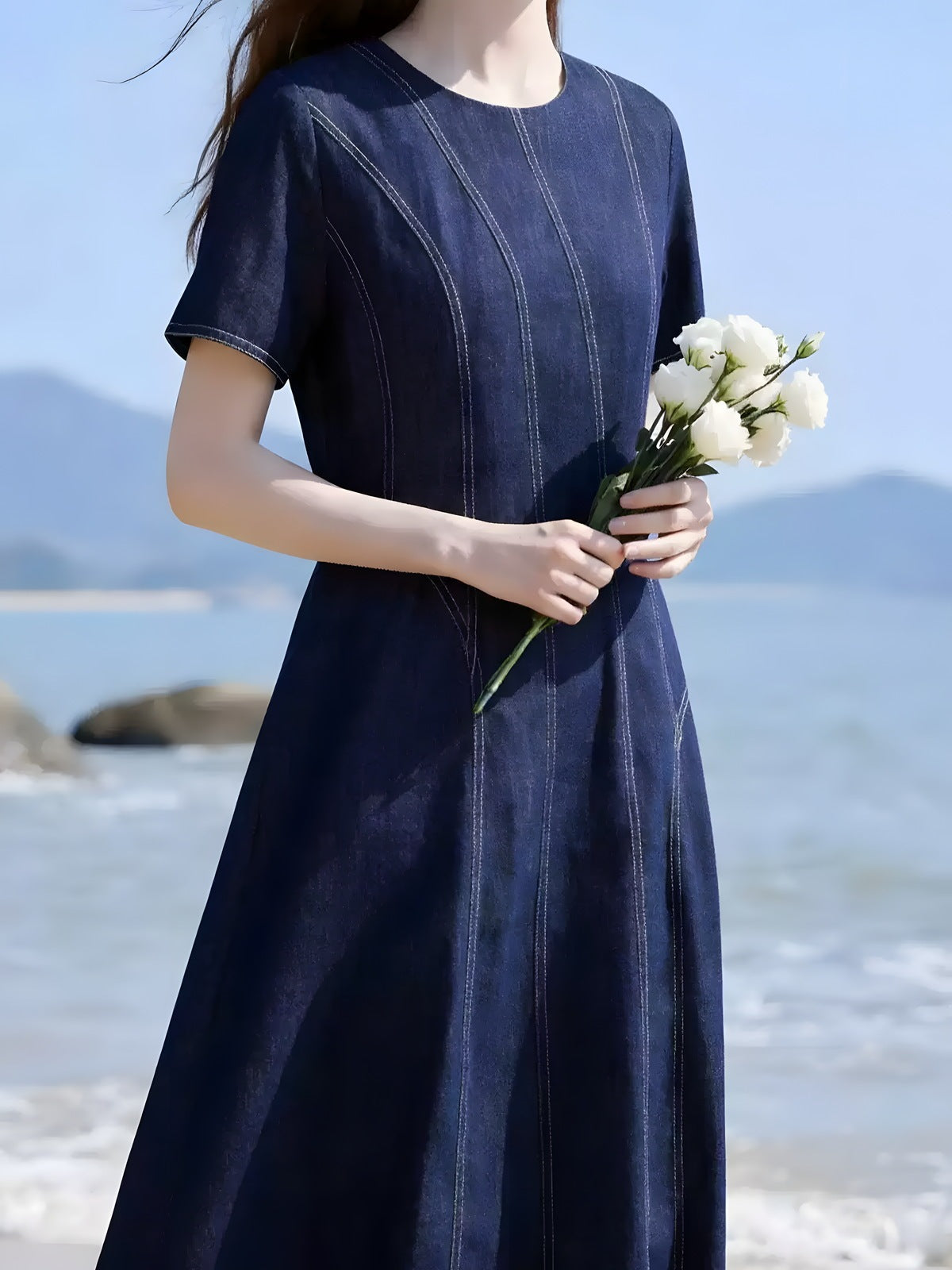 Contrast-Stitch A-Line Dress