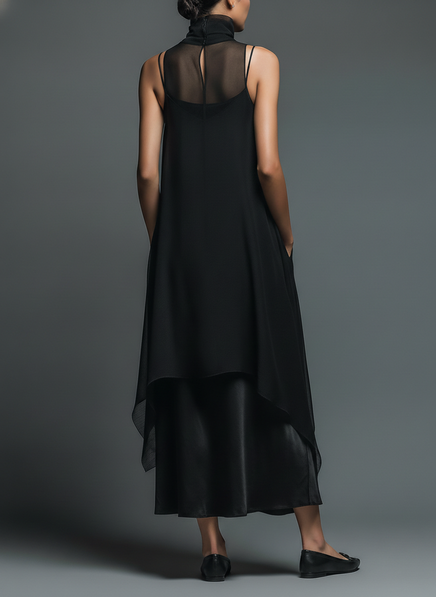 Black Sheer Mesh Sleeveless Dress with High Neck and Asymmetric Hem for Women