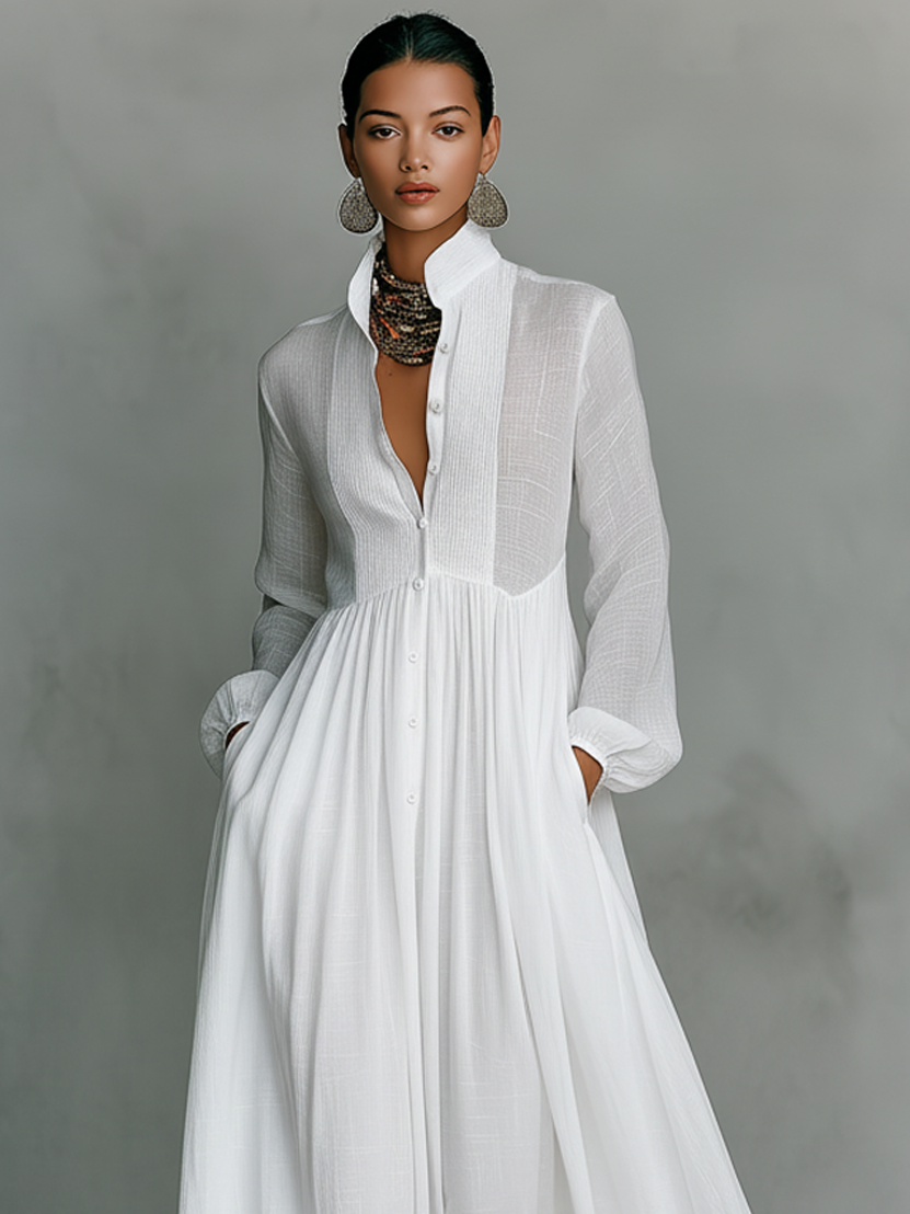 Linen Long Maxi Dress for Women with High Collar and Button Front - Flowy Boho Style White Summer Dress