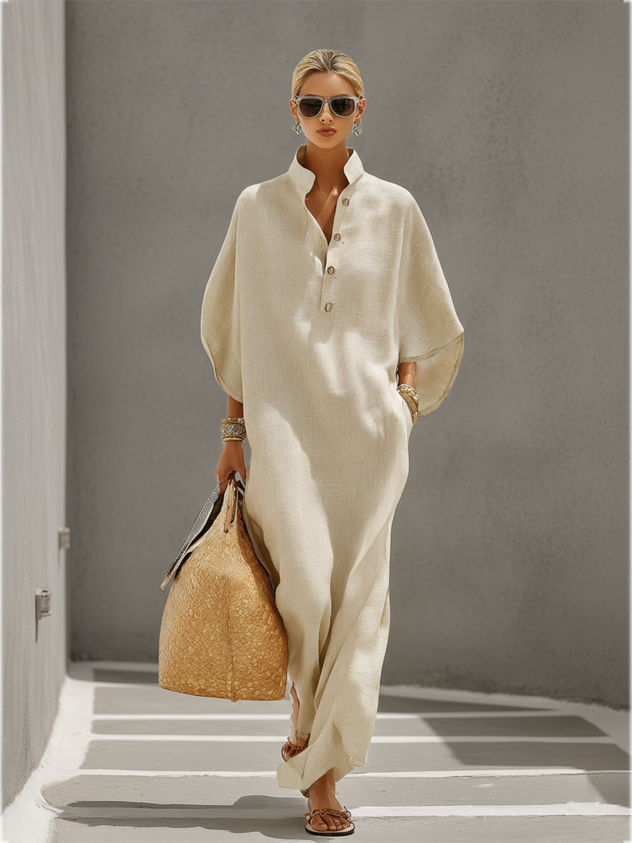 Linen Maxi Dress for Women Loose Long Sleeve V-Neck Button Down Boho Casual Summer Dress