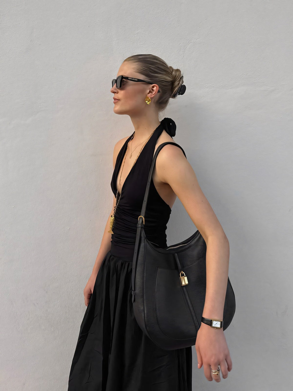 Ruched Halter-Neck Full-Skirt Maxi Dress