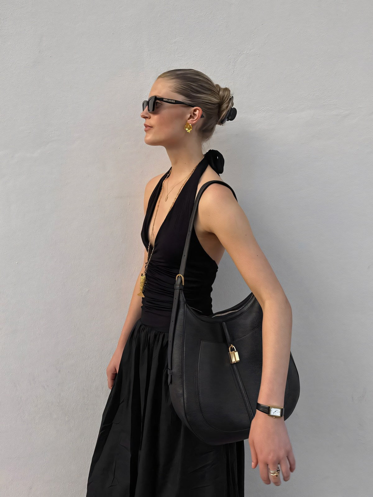 Ruched Halter-Neck Full-Skirt Maxi Dress
