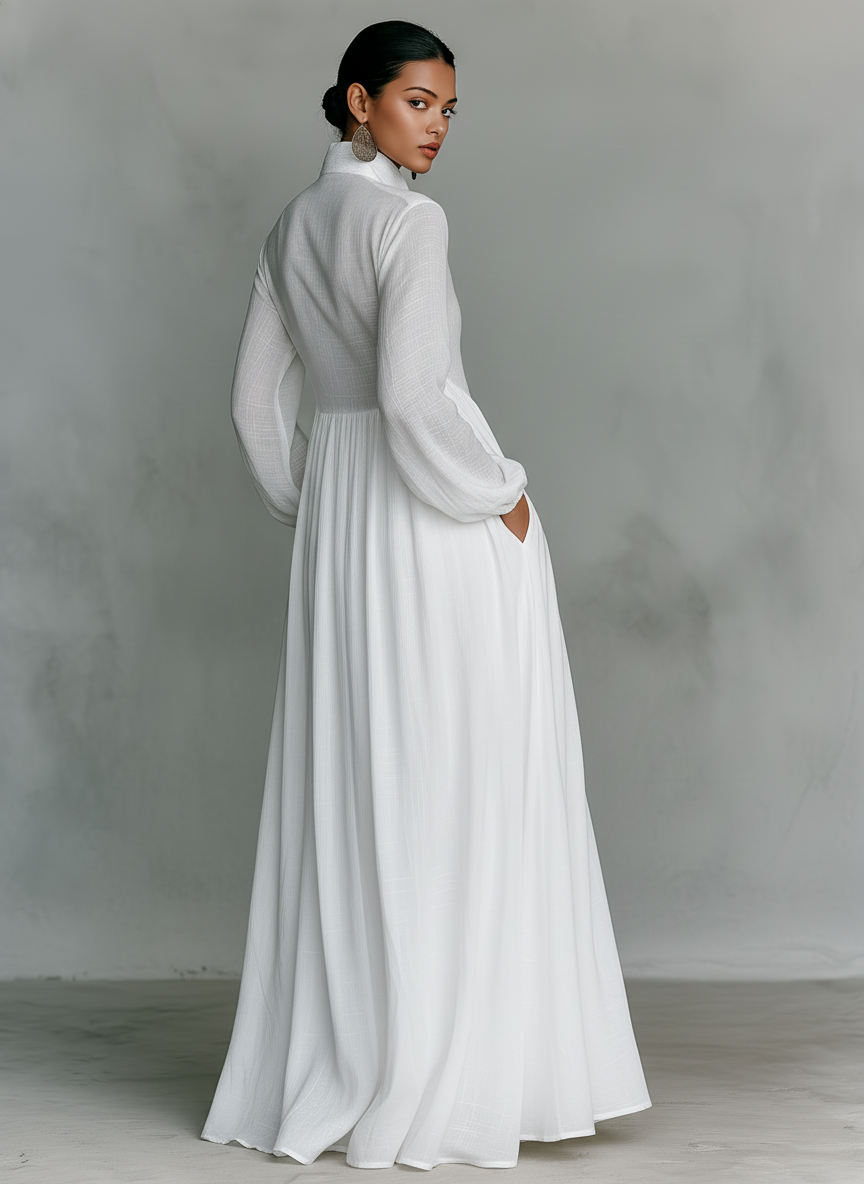 Linen Long Maxi Dress for Women with High Collar and Button Front - Flowy Boho Style White Summer Dress