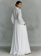 Leinen Langes Maxikleid für Damen mit Stehkragen und Knopfleiste vorne - Fließendes Boho-Stil Weißes Sommerkleid