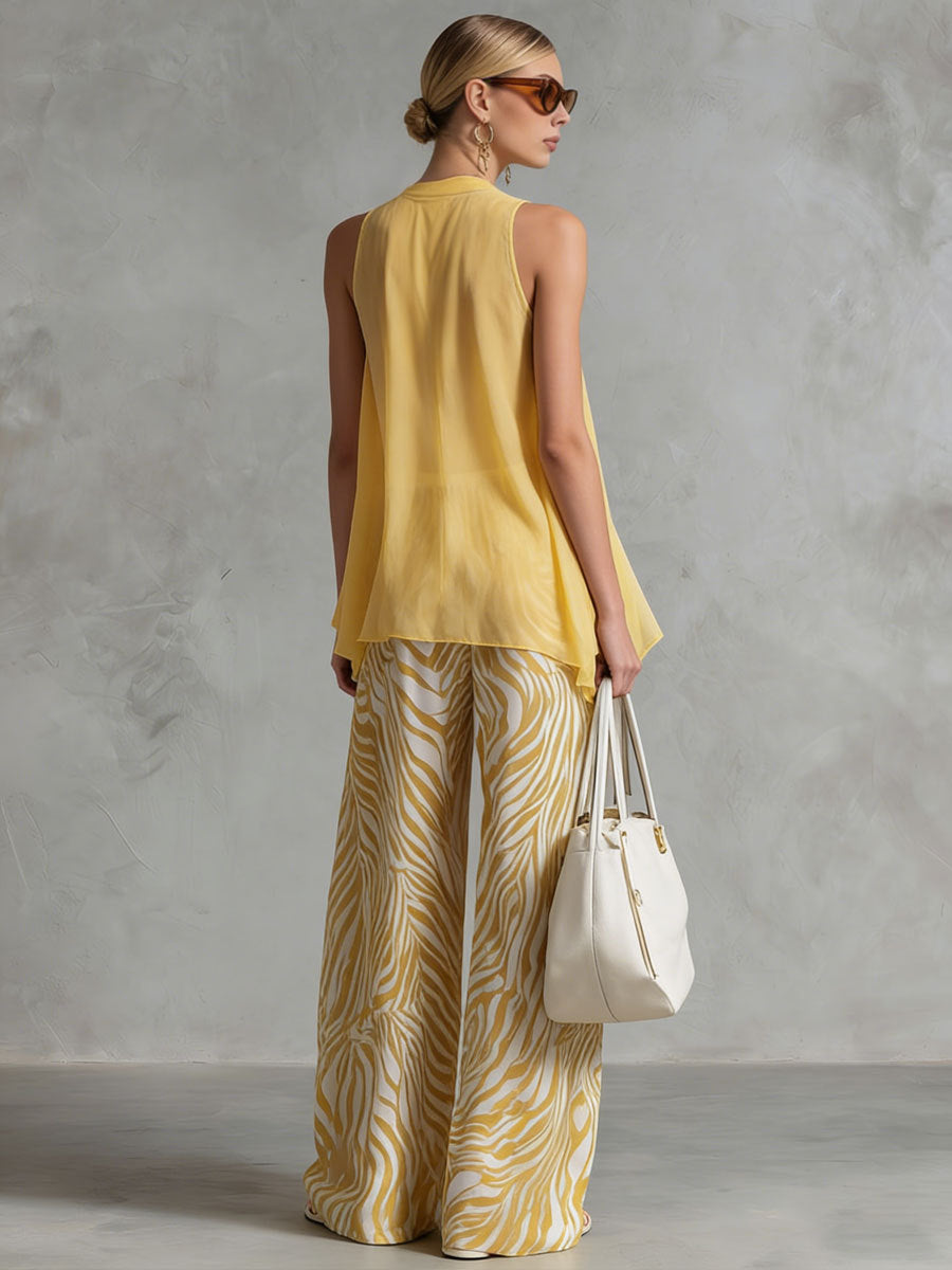Chiffon Sleeveless V-Neck Top with Zebra Print Wide Leg Pants Set