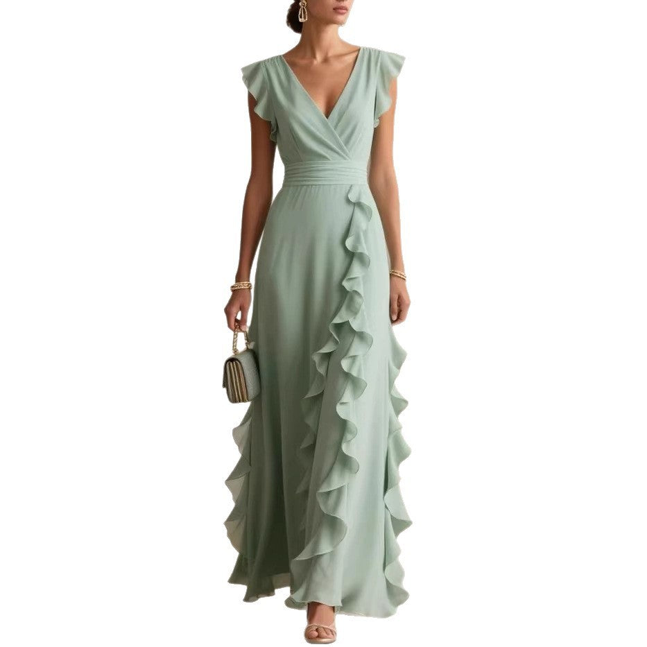 Silk V-Neck Ruffle Wrap Maxi Dress