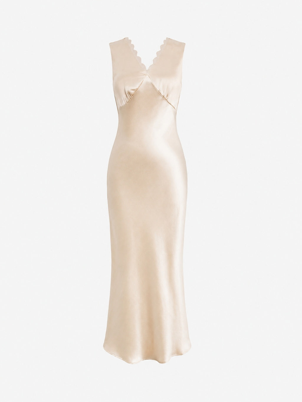 Scalloped V-Neck Satin Maxi Dress