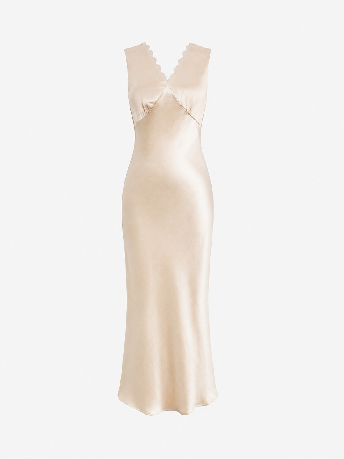 Scalloped V-Neck Satin Maxi Dress