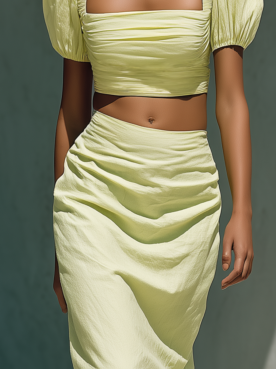 Lightweight Linen Two-Piece Set with Puff Sleeve Crop Top and Draped Midi Skirt
