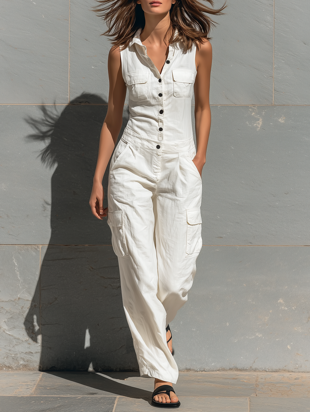 Cotton Linen Sleeveless Cargo Jumpsuit for Women Summer Casual Loose Fit Overalls with Button Front and Multiple Pockets