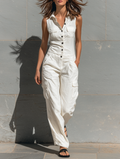 Cotton Linen Sleeveless Cargo Jumpsuit for Women Summer Casual Loose Fit Overalls with Button Front and Multiple Pockets
