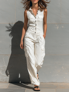 Ärmelloser Cargo-Overall aus Baumwollleinen für Damen, Sommer, lässiger, locker sitzender Overall mit Knopfleiste vorne und mehreren Taschen