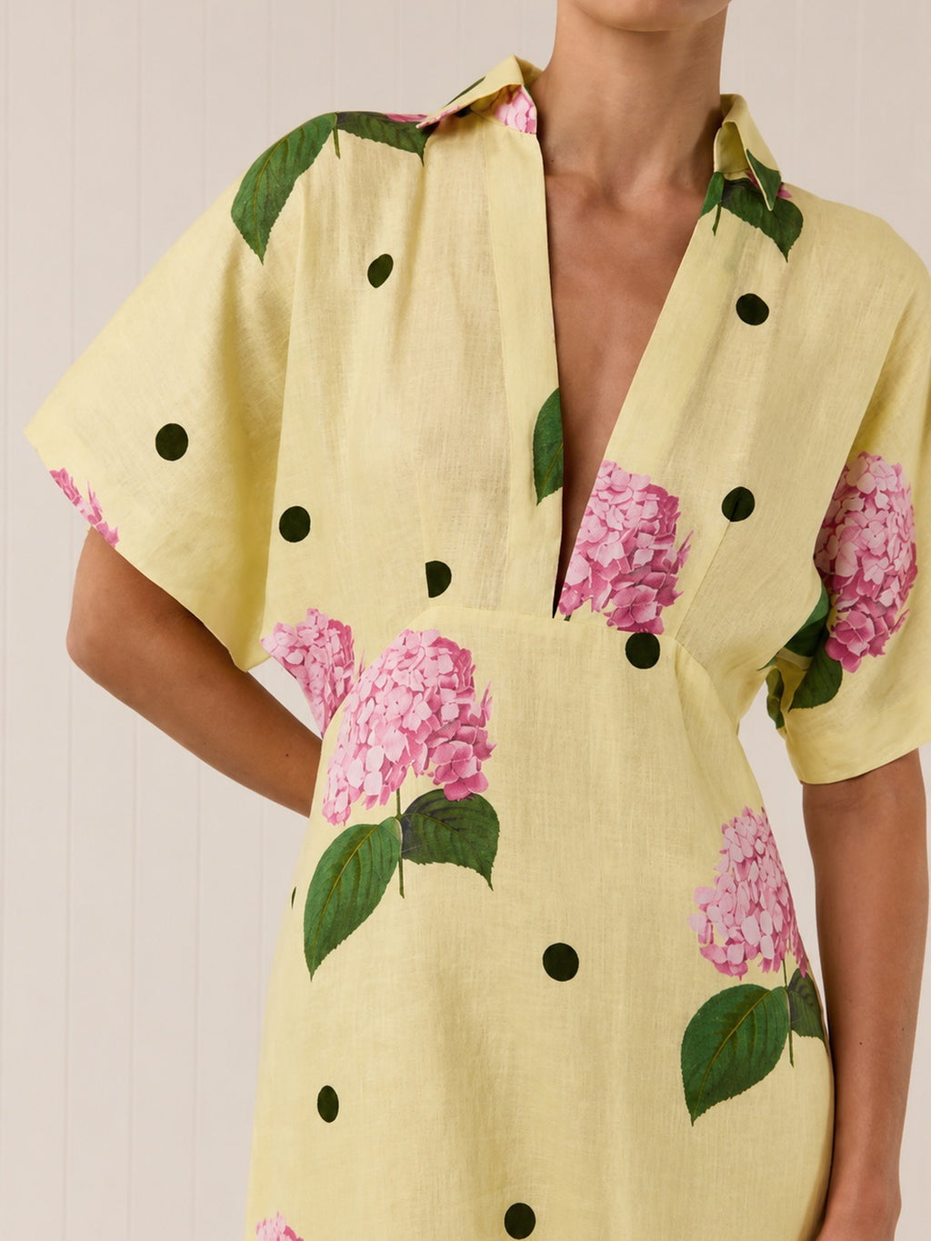 Floral V Neck Linen Midi Dress