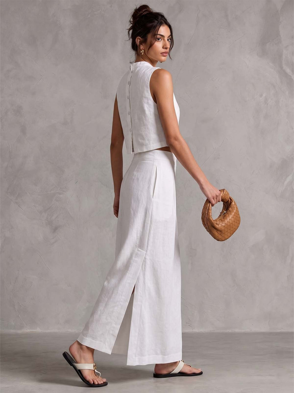 White Linen-Blend Sleeveless Cropped Top with Back Button Detail