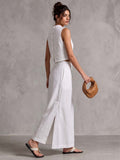 White Linen-Blend Sleeveless Cropped Top with Back Button Detail