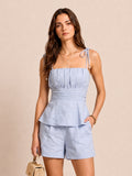 Light Blue Linen-Blend Peplum Top & Shorts Set – Tiered Ruffle Detail