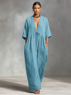 Robe longue en lin pour femme avec décolleté en V profond et taille à nouer, robe d'été longue et fluide avec poches