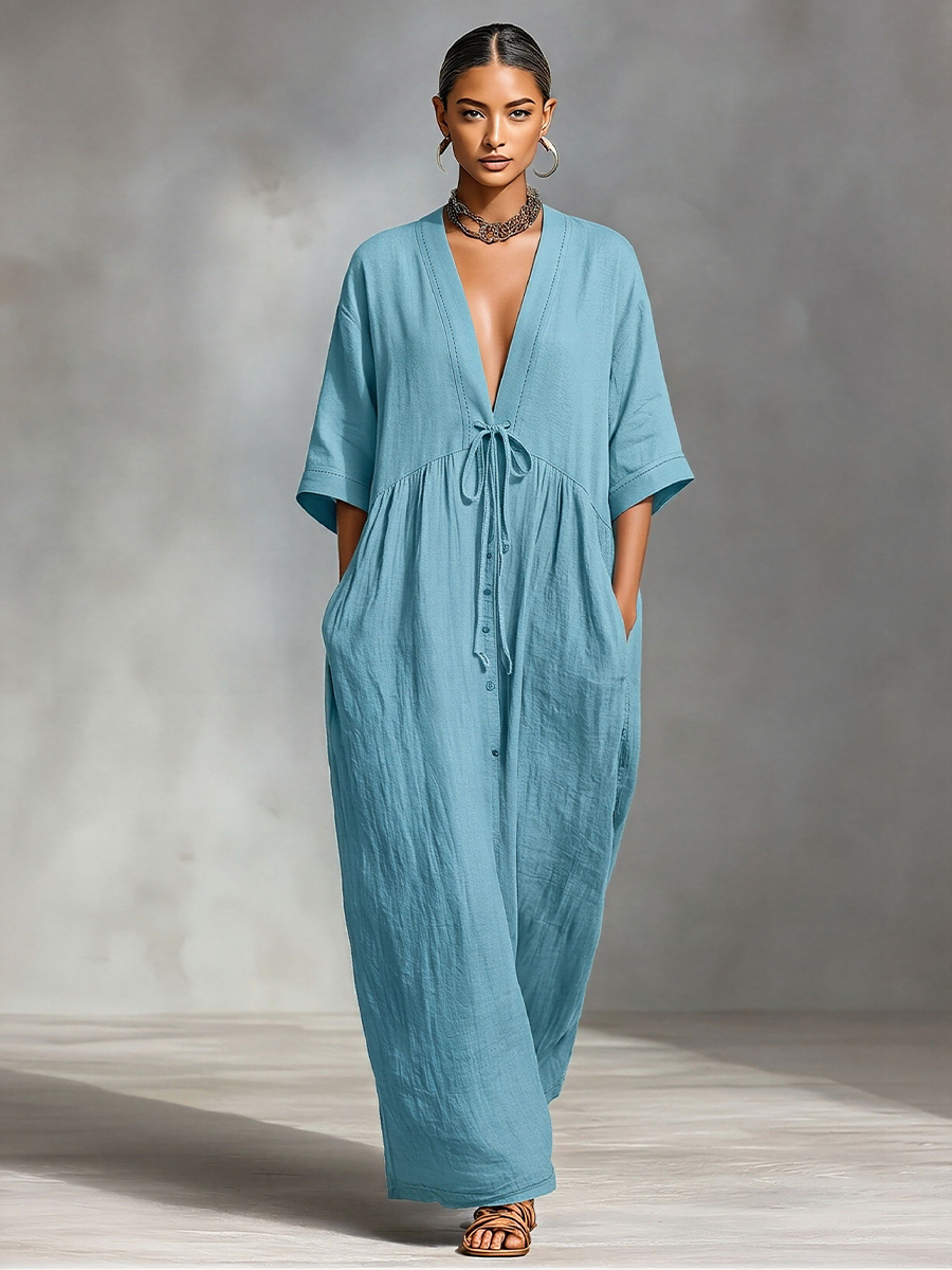 Linen Maxi Dress for Women with Deep V-Neck and Tie Waist, Loose Flowy Long Summer Dress with Pockets
