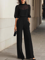 Schwarzes Chiffon-Top und weit geschnittene Hose Dreiteiliges Set