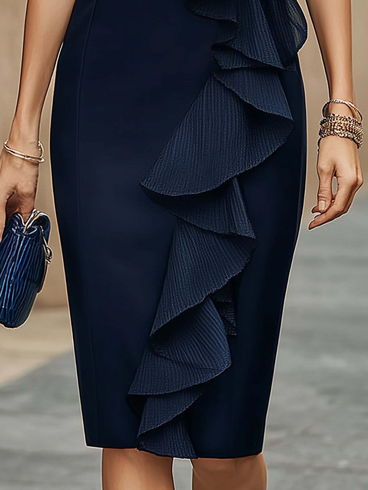 Navy Blue Chiffon Ruffle Sheath Dress