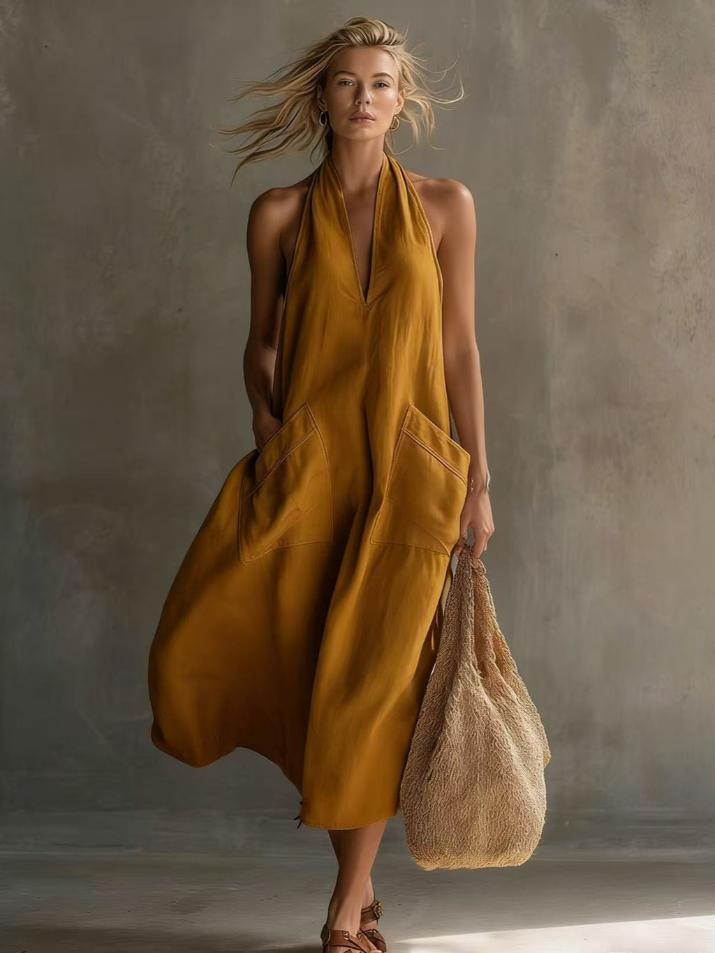 Halter Neck Linen Pocket Maxi Dress