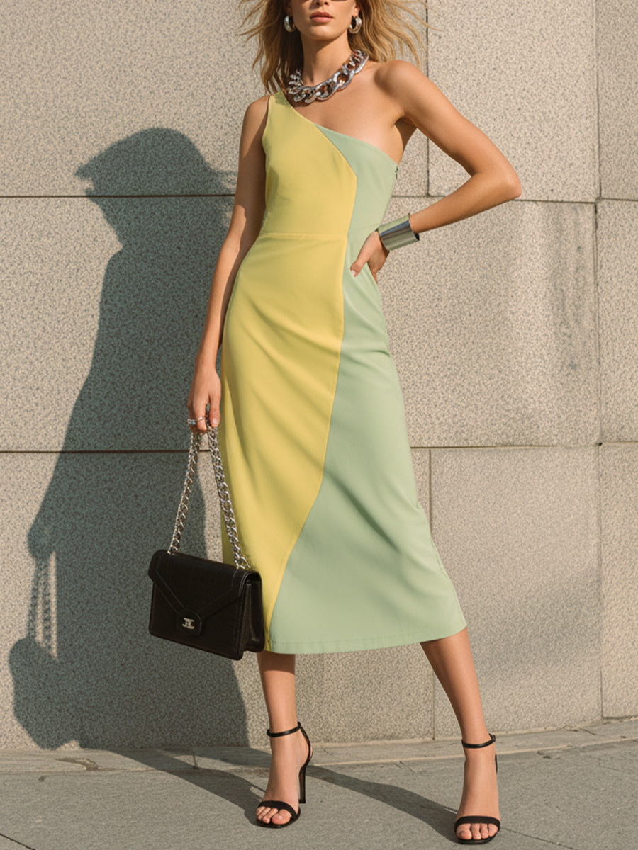 Cotton Blend Asymmetrical Color Block Midi Dress for Women - Modern One Shoulder Bodycon Style with Sleek Fit and Chic Design
