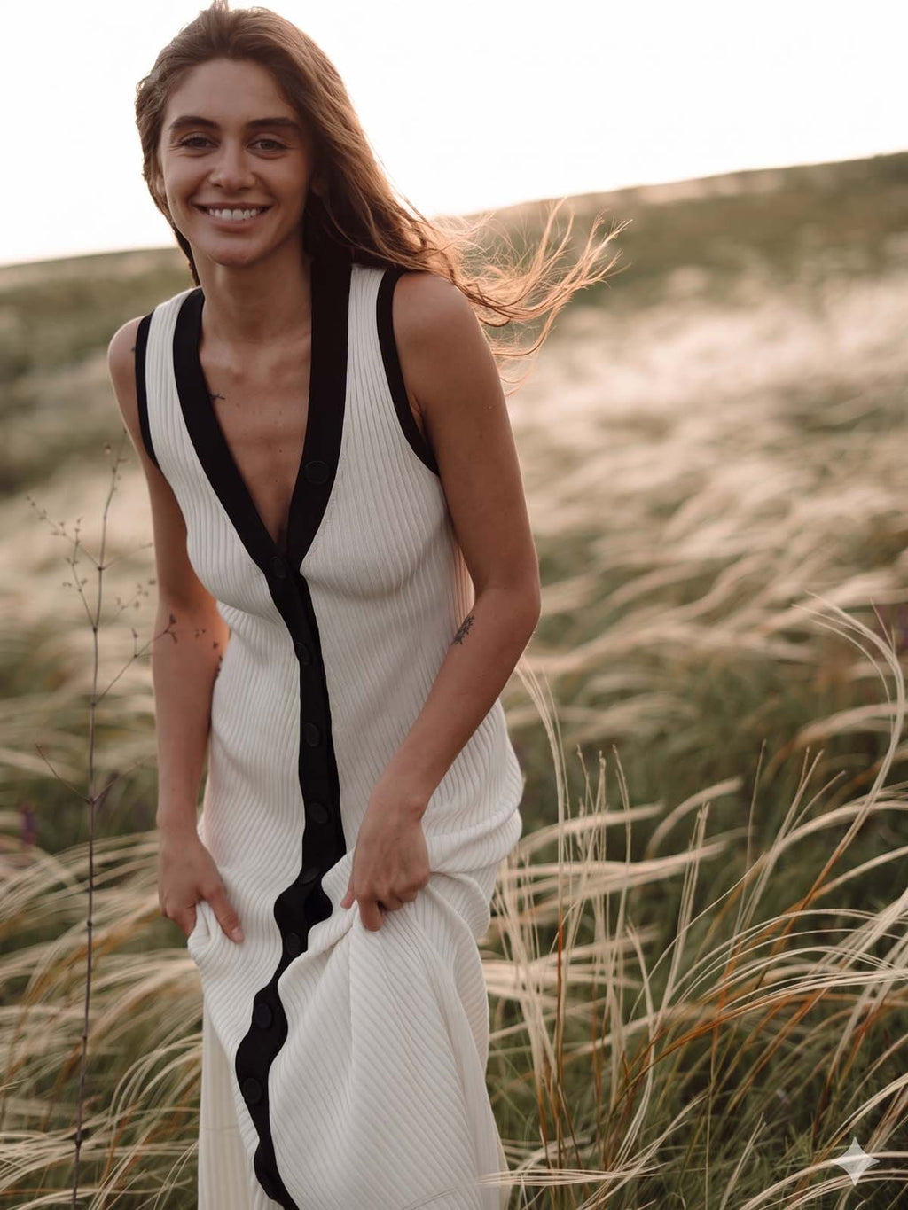 Ribbed Contrast Trim Button Midi Dress