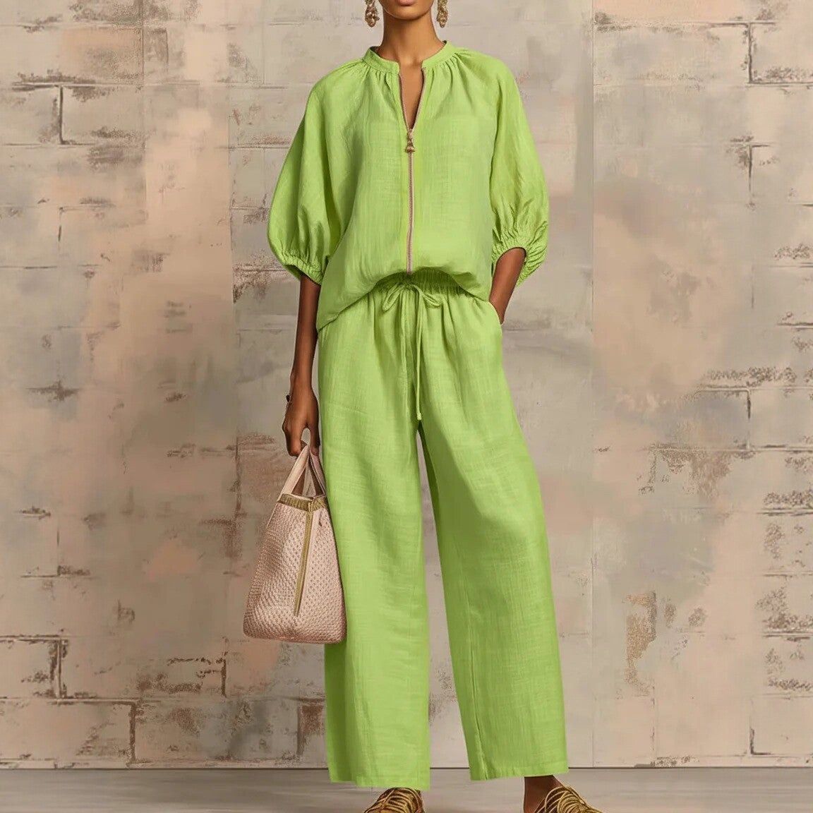 Linen Zip Up Blouse & Wide Leg Pants Two-Piece Set