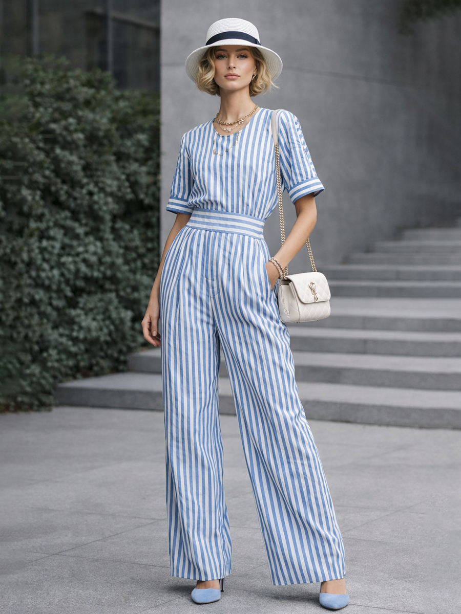 Cotton Striped Wide-Leg Jumpsuit with Short Sleeves and Elastic Waist for Women