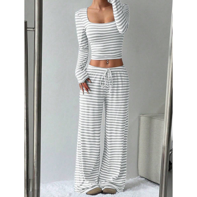 Striped Crop Top Wide Leg Pants Set