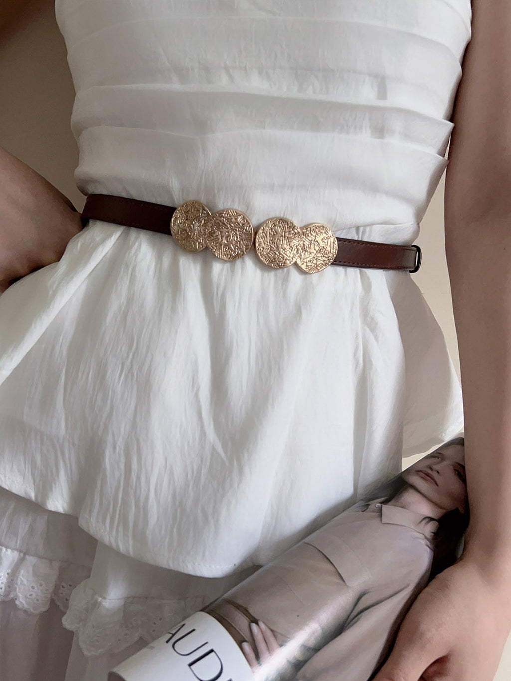 Cream Gold Medallion Faux Leather Belt