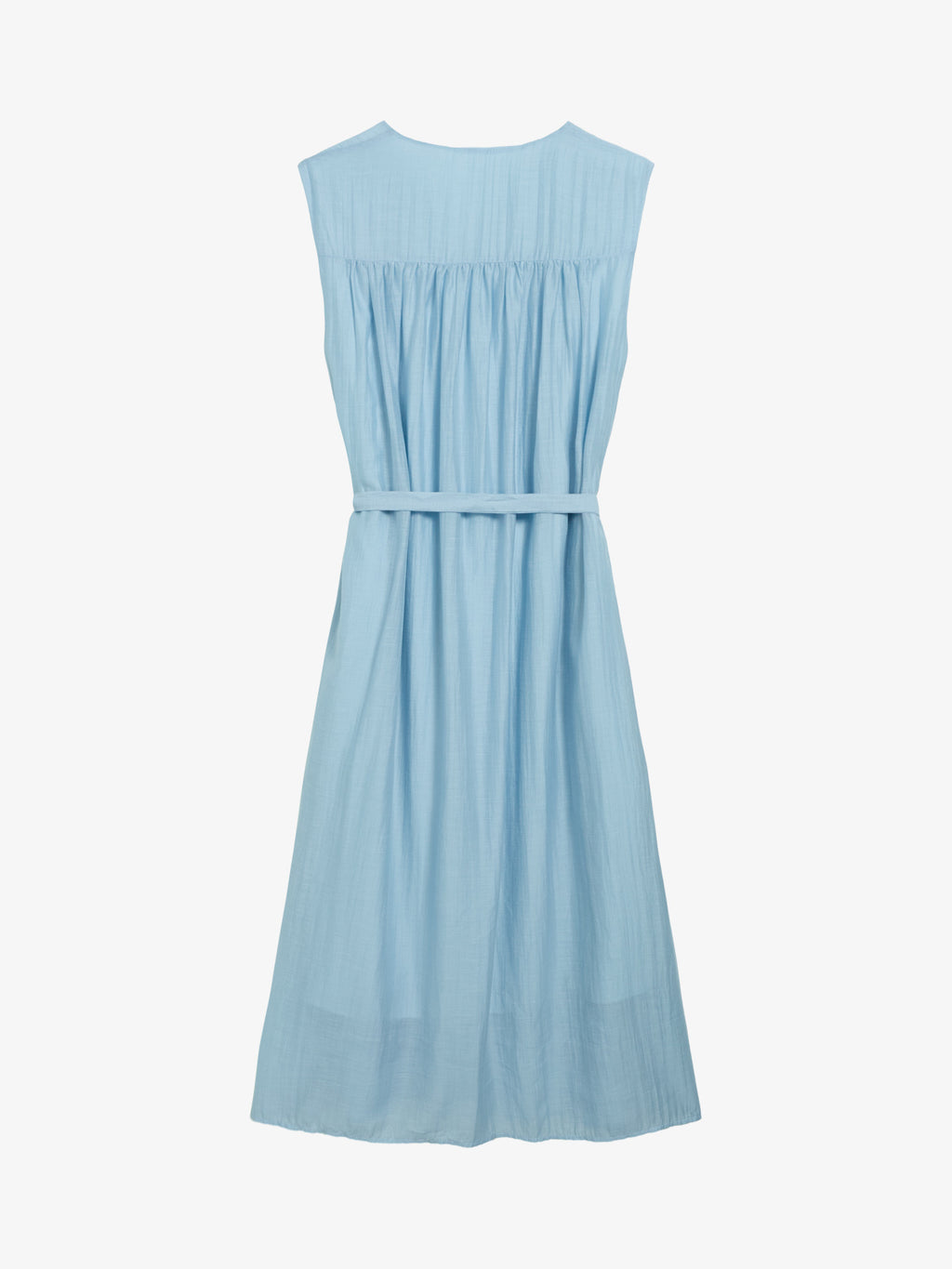Gathered Split-Neck Tie-Waist Midi Dress