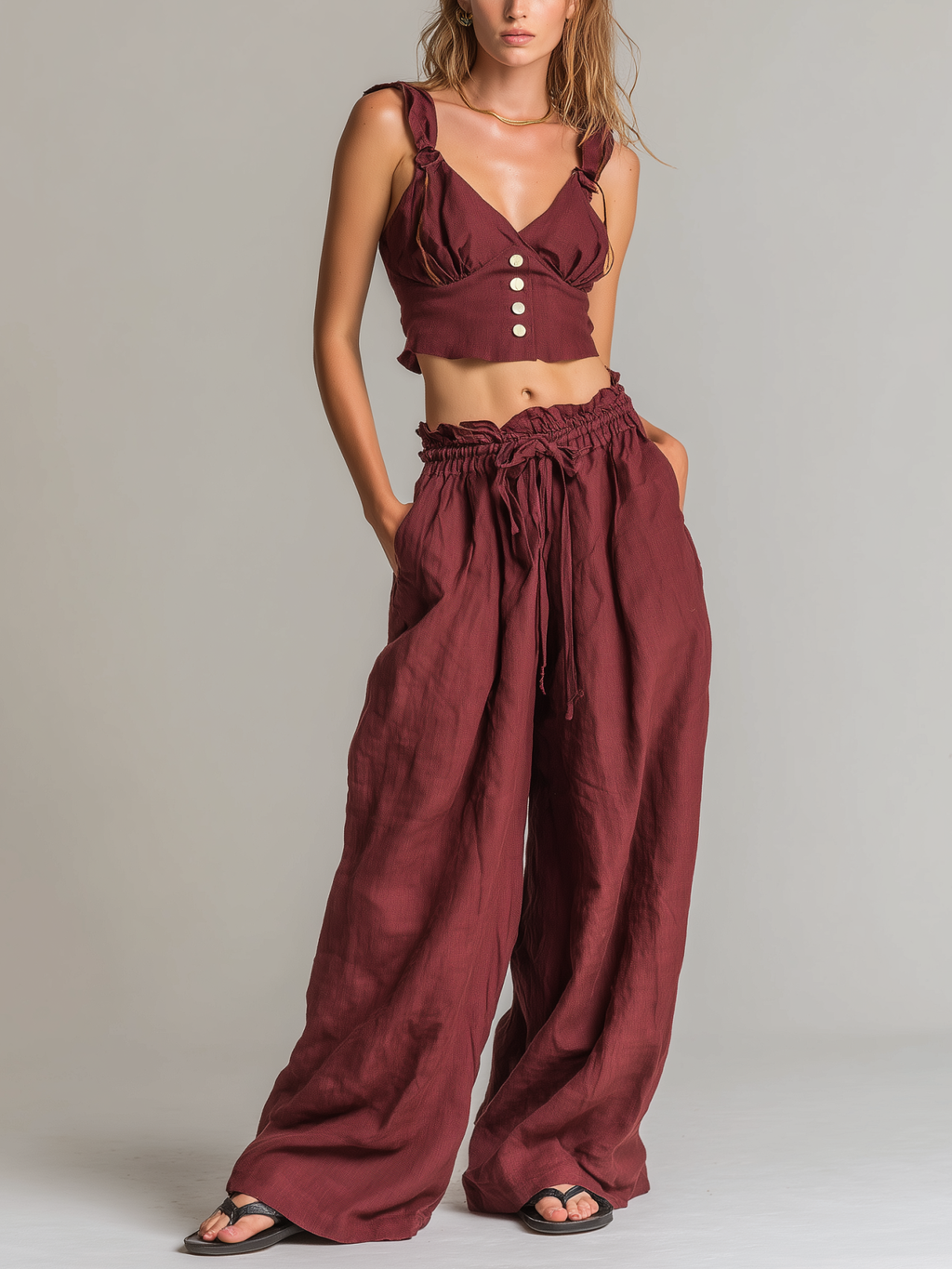 Linen Wide Leg Pants Set Women's Boho Style Maroon Crop Top and Palazzo Pants Loose Comfortable Summer Outfit
