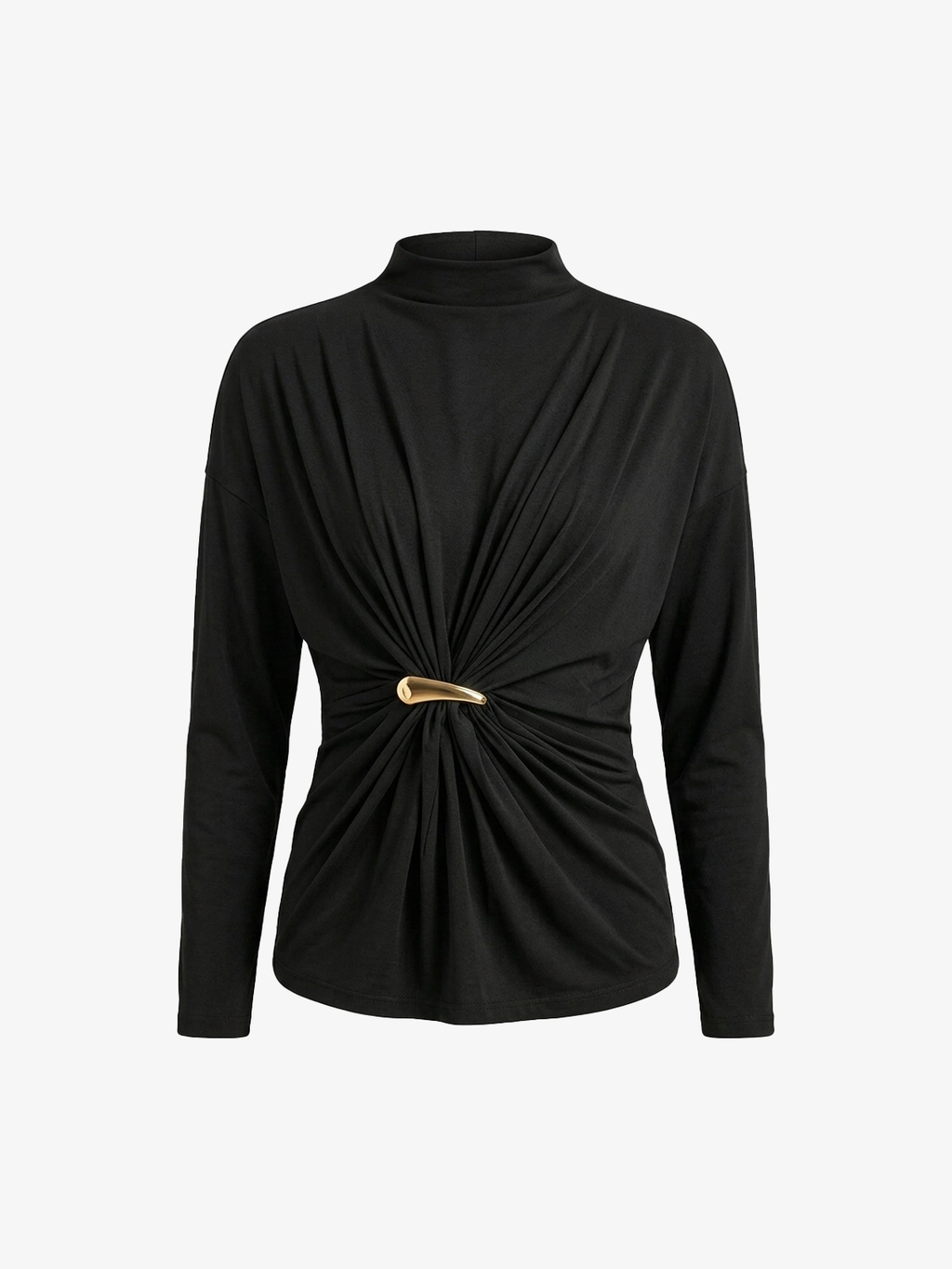Mock Neck Buckle Twist Long-Sleeve Top