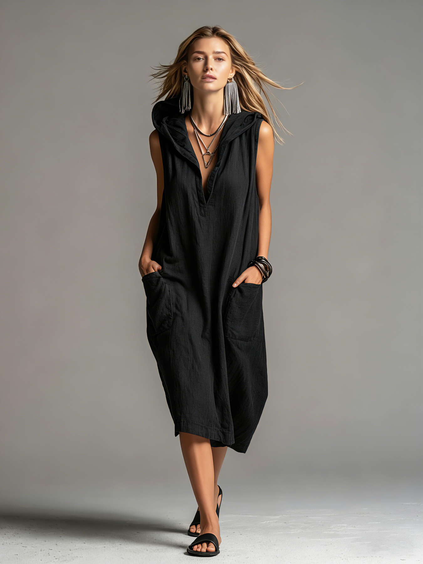 Linen Sleeveless Hooded Midi Dress with Pockets - Casual Loose Fit Women's Summer Dress