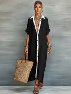 Vestido camisero largo de lino para mujer - Vestido maxi fluido con botones en la parte delantera y mangas enrollables.