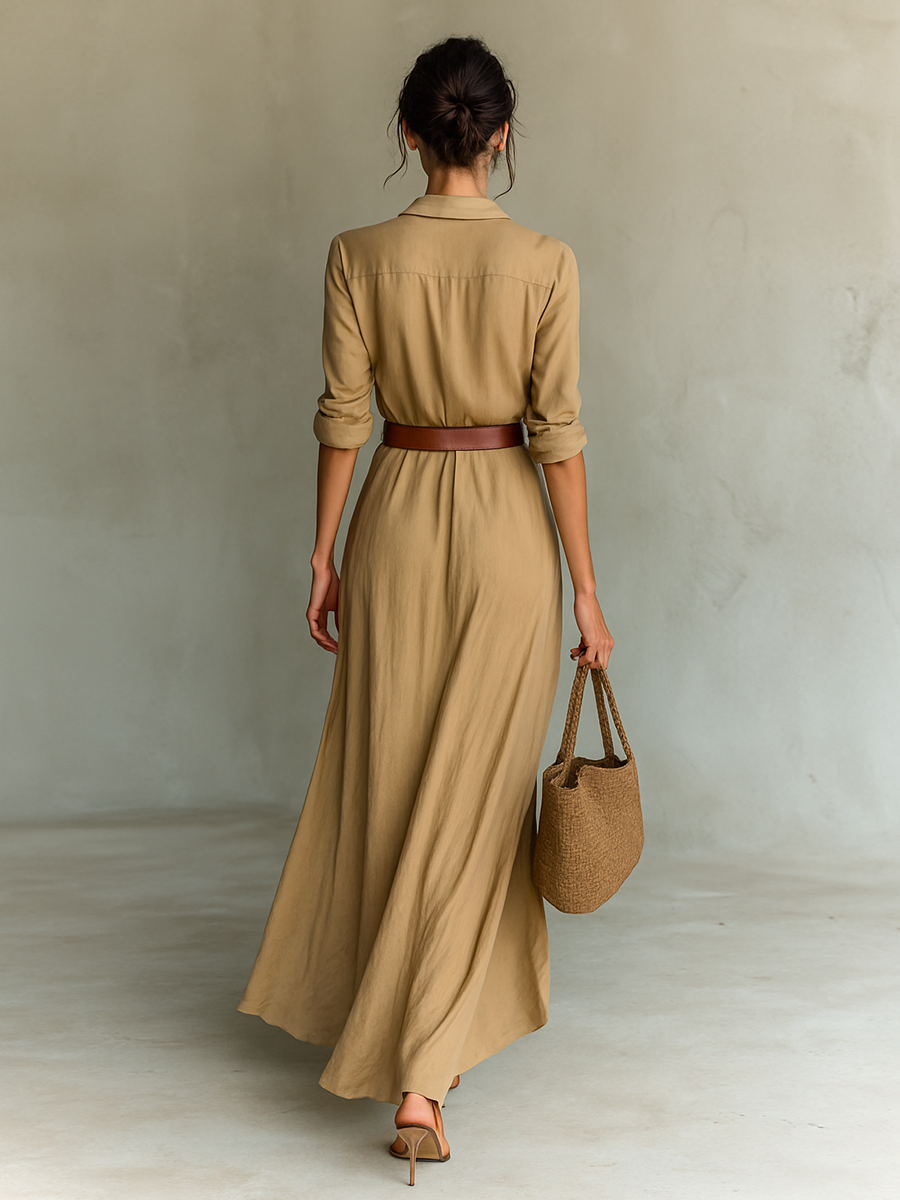 Silk Long Shirt Dress with Belted Waist and Deep V-Neck for Women