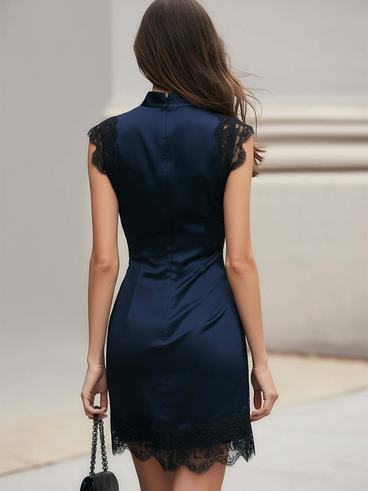 Navy Satin Black Lace Trim Mini Dress