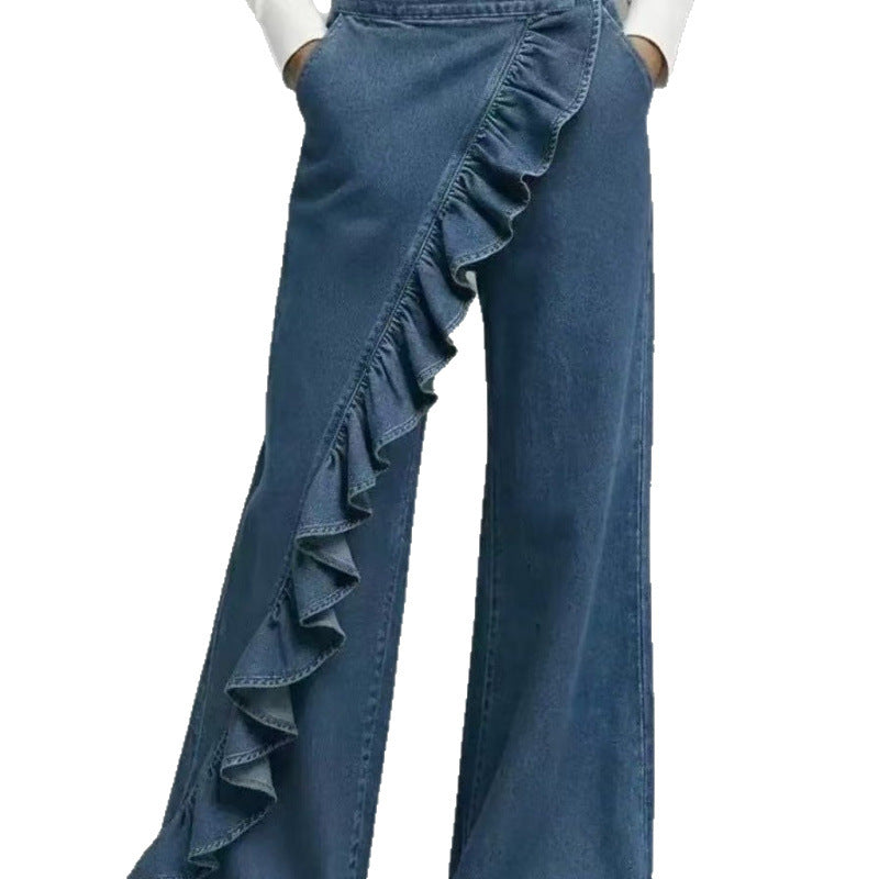 Asymmetrical Ruffle Denim Pants