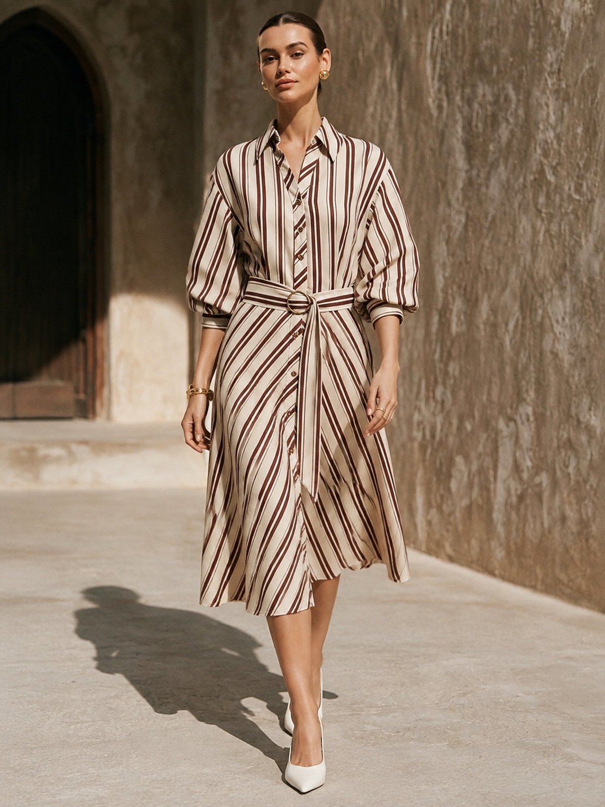 Stripe Belted Midi Shirt Dress