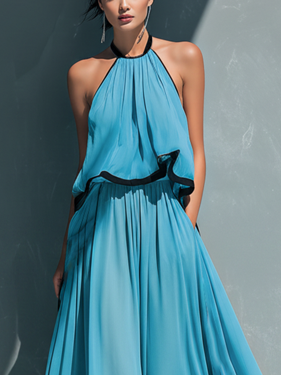 Chiffon Halter Maxi Dress with Black Trim - Flowy Long Beach Party Gown for Women