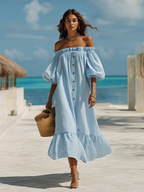 Blaues schulterfreies, kurzärmeliges, weites Maxikleid im Urlaubsstil