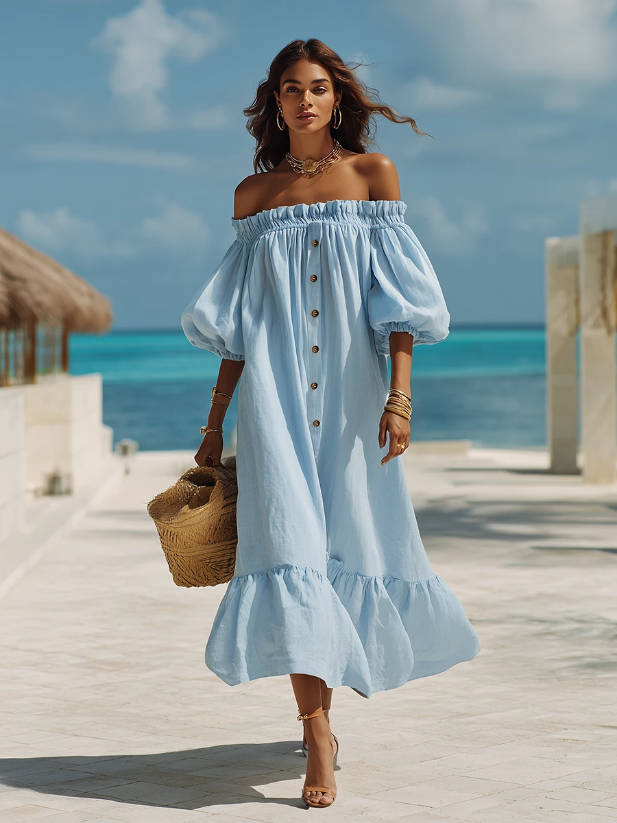 Vacation-Style Blue Off-Shoulder Short-Sleeve Loose Maxi Dress