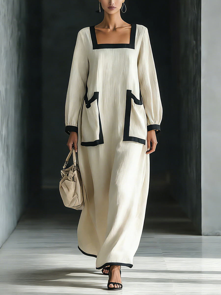 Linen Maxi Dress with Black Trim Square Neckline Long Sleeve Loose Fit Boho Style Women's Summer Dress